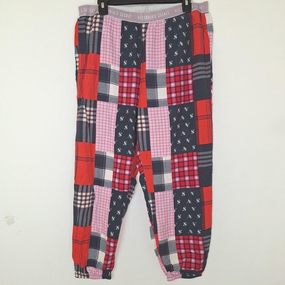 Y2K Grunge Soft girl Coquette Patchwork Plaid Victoria's Secret Pajama Jogger L